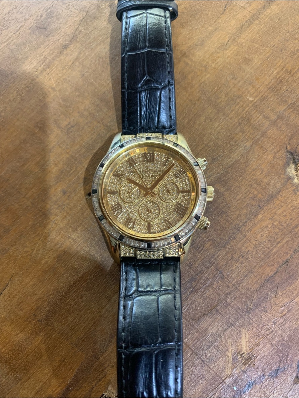 Gold Crystal Dial Watch with Black Croc-Embossed Strap